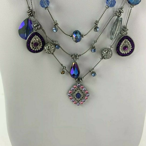 Silver Tone Necklace Faceted Bead Multi Strand - Picture 3 of 6